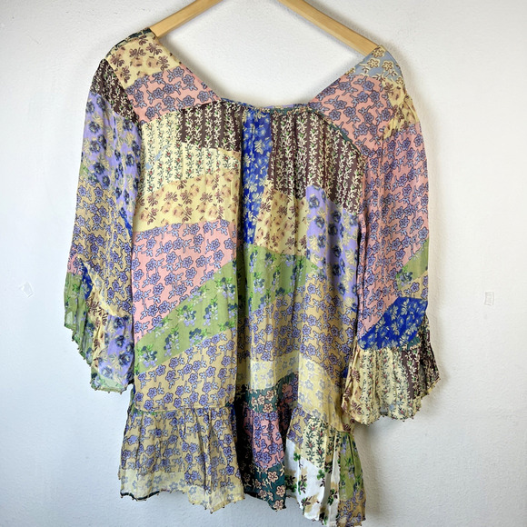 Floreat by Anthropologie Boho Patchwork Beaded Blouse Sheer Lining Large NWT - Picture 6 of 11